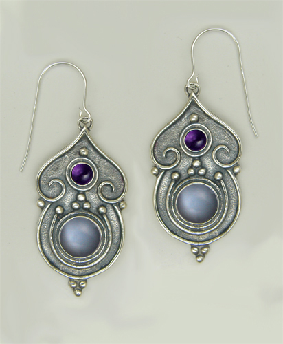 Sterling Silver Gothic Inspired Drop Dangle Earrings With Grey Moonstone And Amethyst